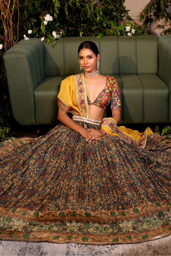 Vriddhi - Slate Grey Kalamkari Lehenga Set