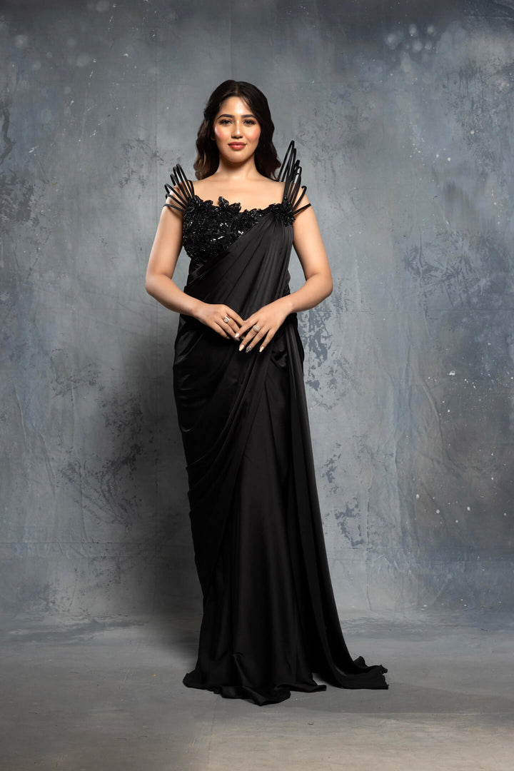 Black Charmuse Satin Embellished  Saree Gown