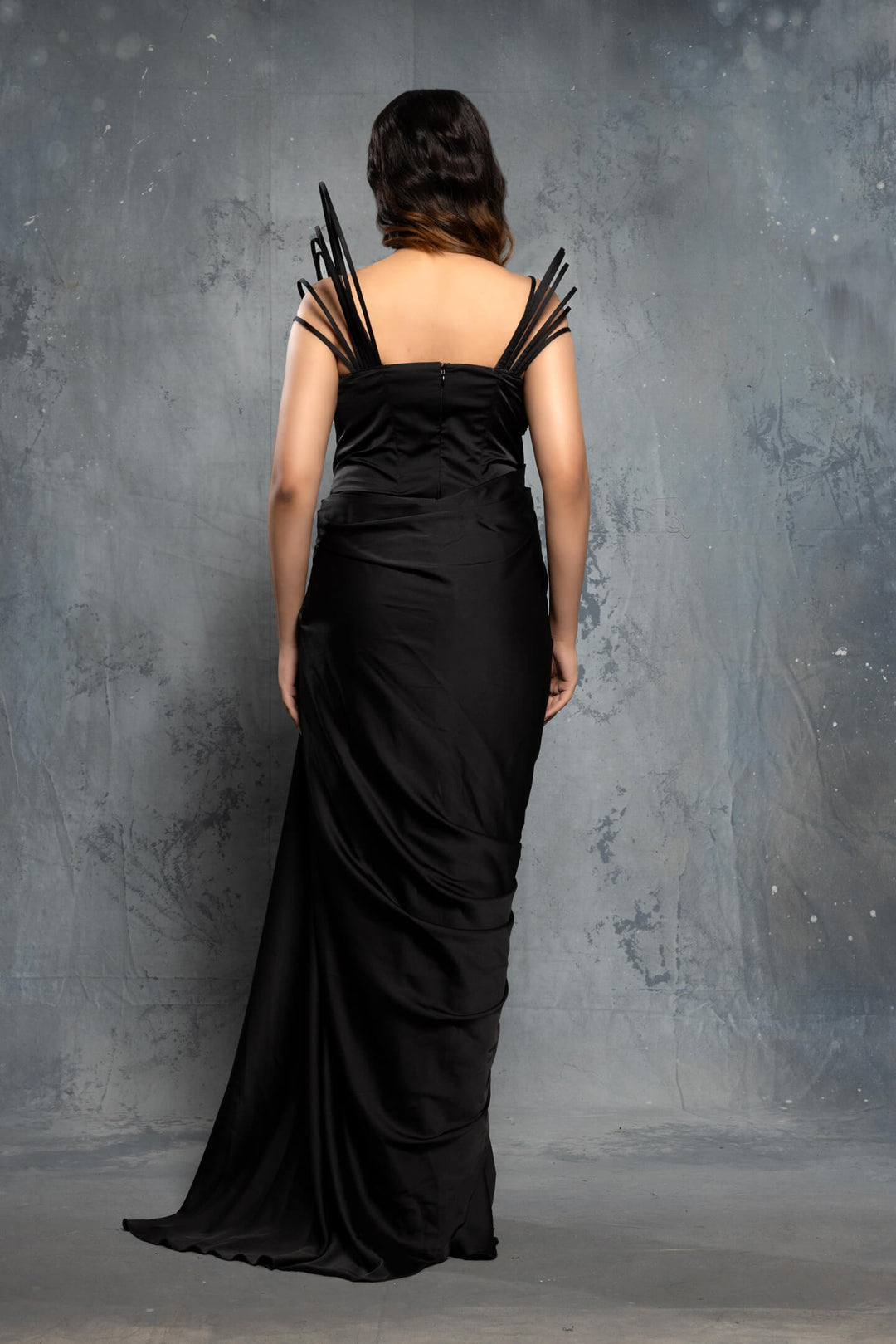 Black Charmuse Satin Embellished  Saree Gown