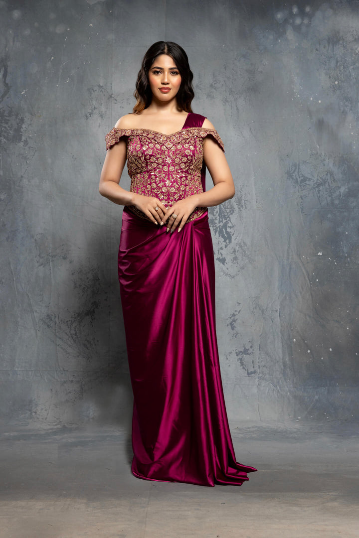 Burgundy Charmuse Satin Saree Gown