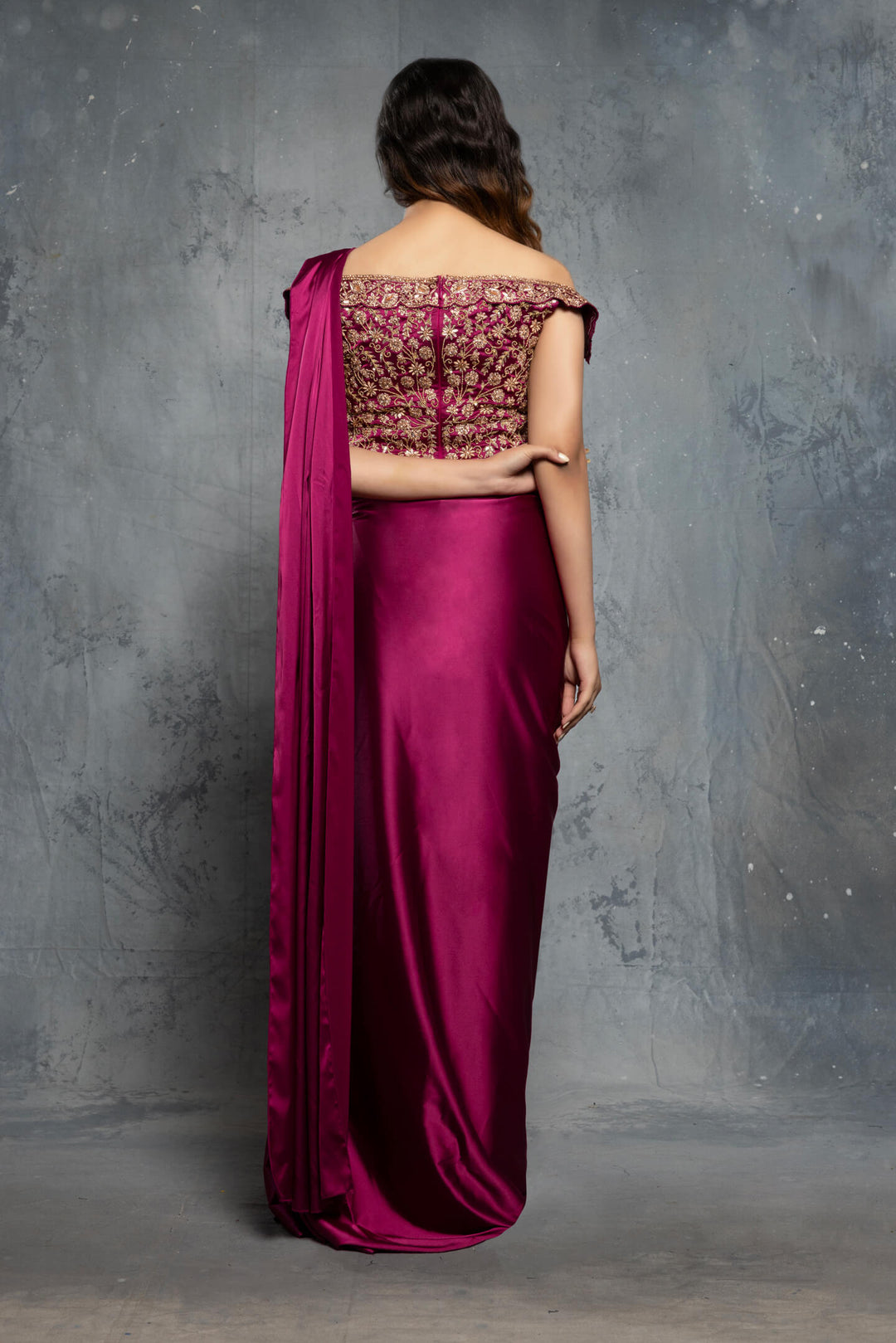 Burgundy Charmuse Satin Saree Gown