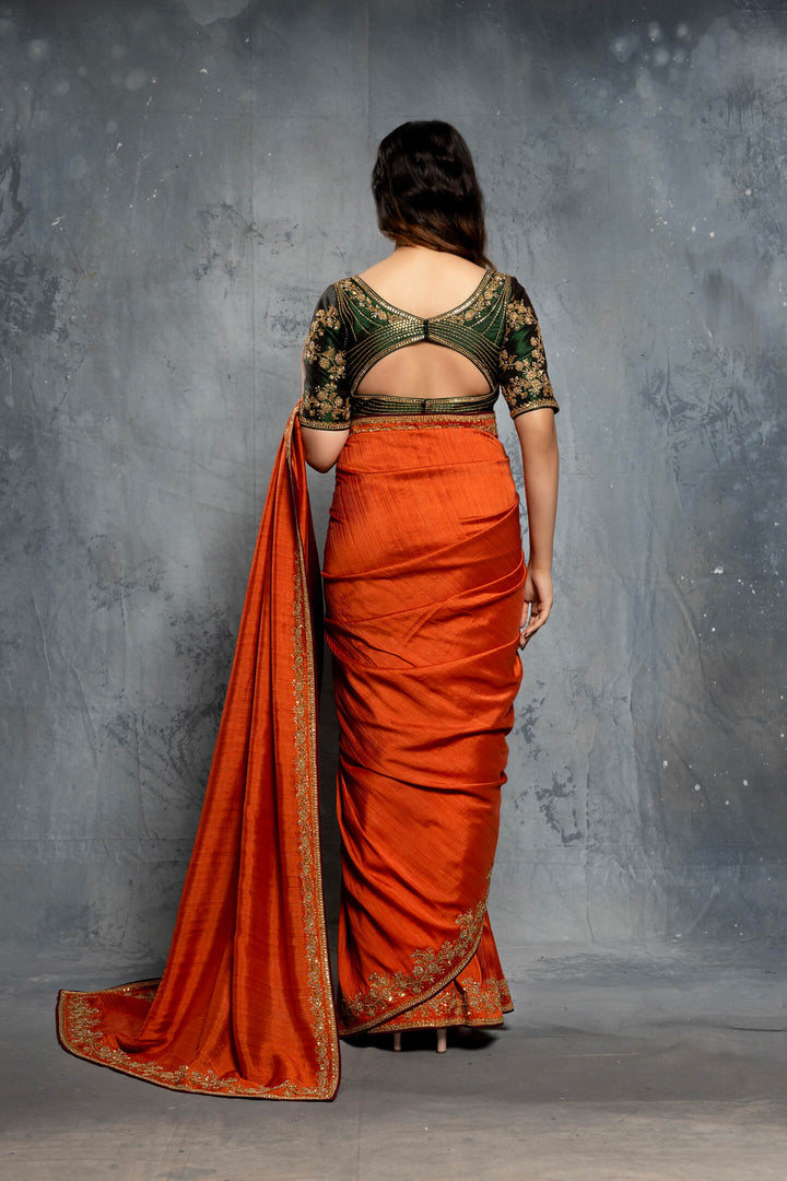 Burnt Orange Tussar silk Embellished Saree Set