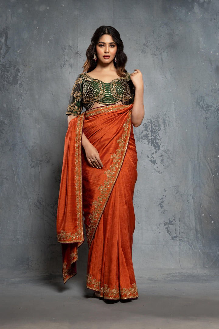 Burnt Orange Tussar silk Embellished Saree Set