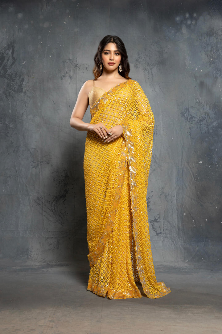 Canary Yellow Tulle Embellished Saree Set