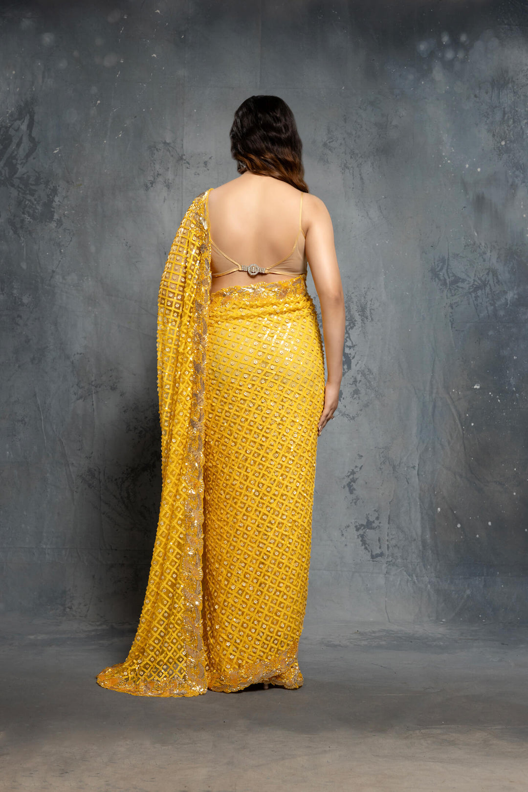 Canary Yellow Tulle Embellished Saree Set