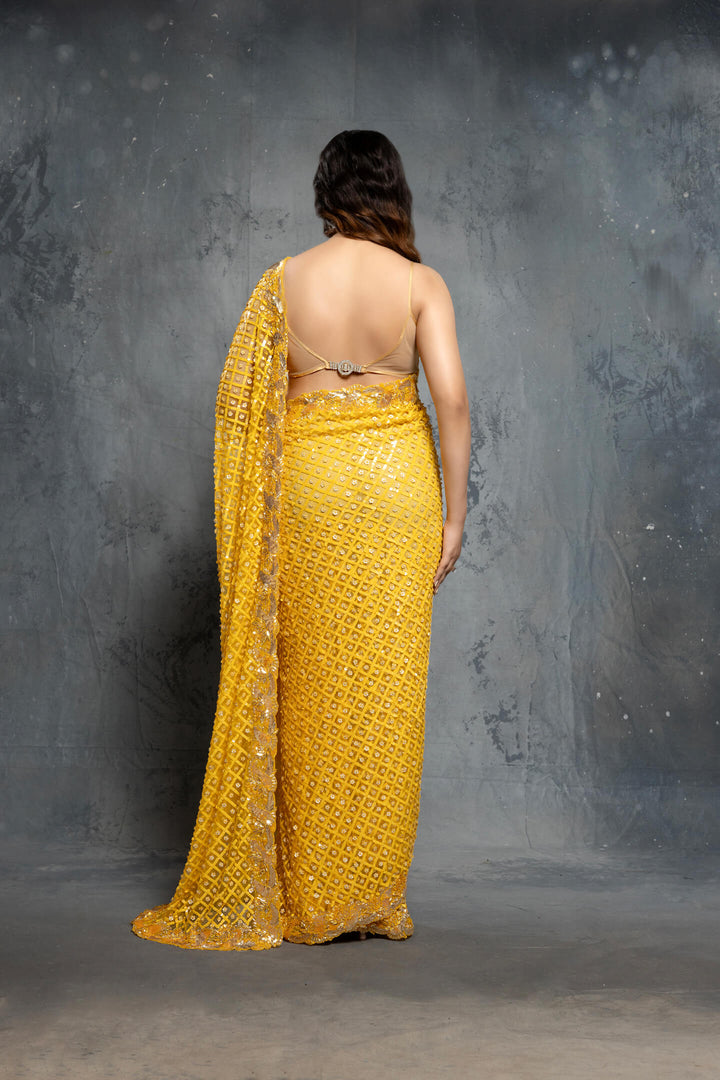 Canary Yellow Tulle Embellished Saree Set