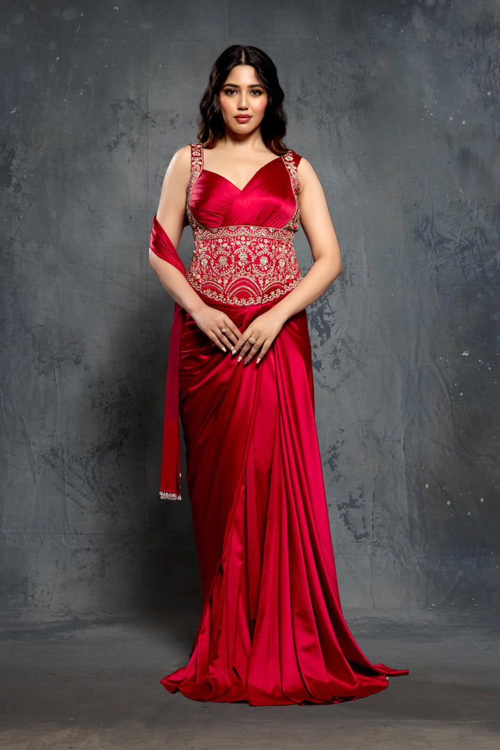 Cardinal Red Charmuse Satin Embellished Saree Gown