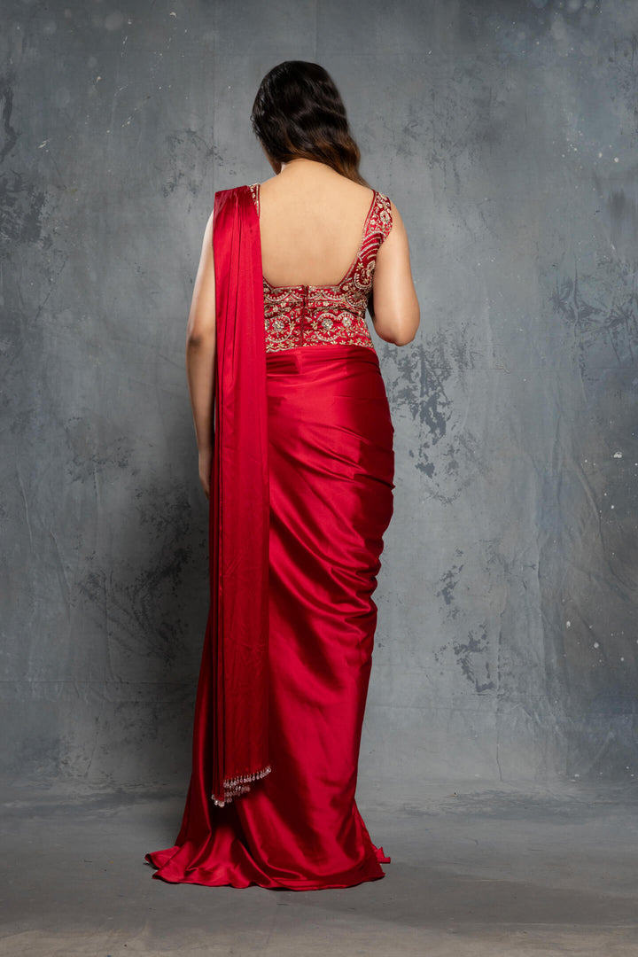 Cardinal Red Charmuse Satin Embellished Saree Gown