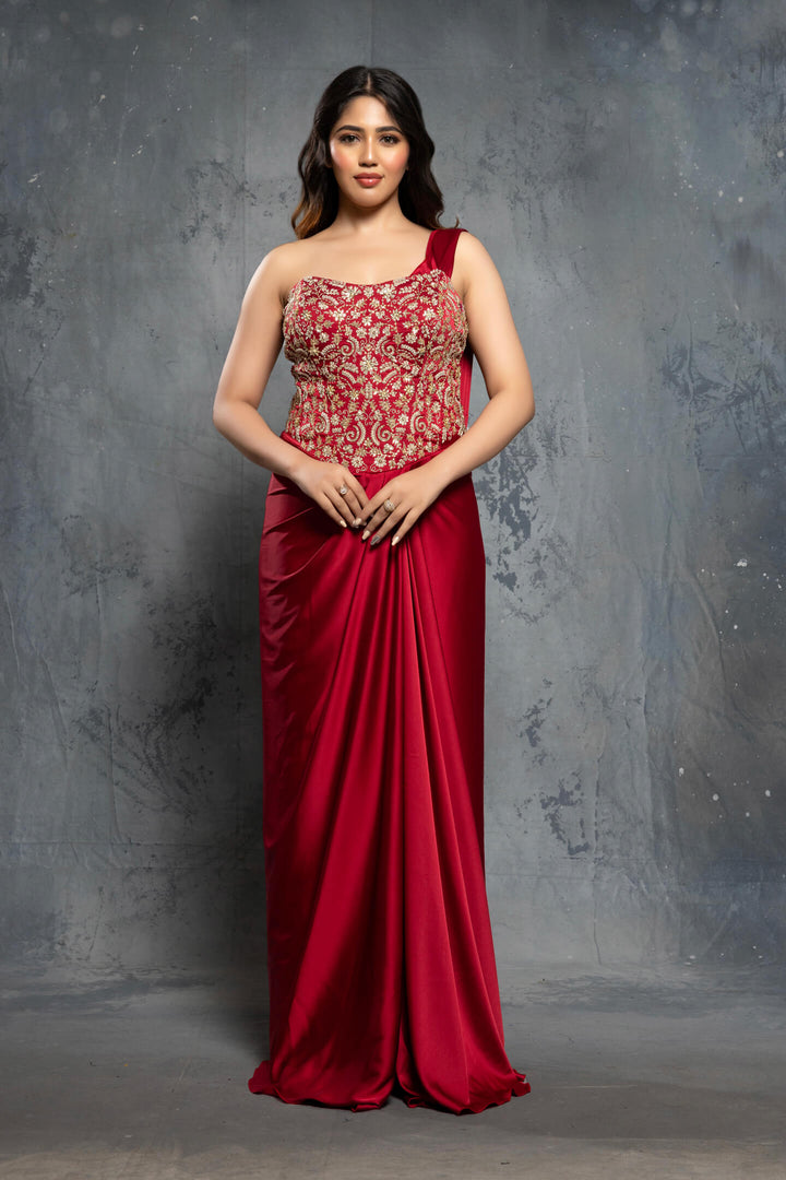 Crimson Red Charmuse Embellished Satin Saree Gown