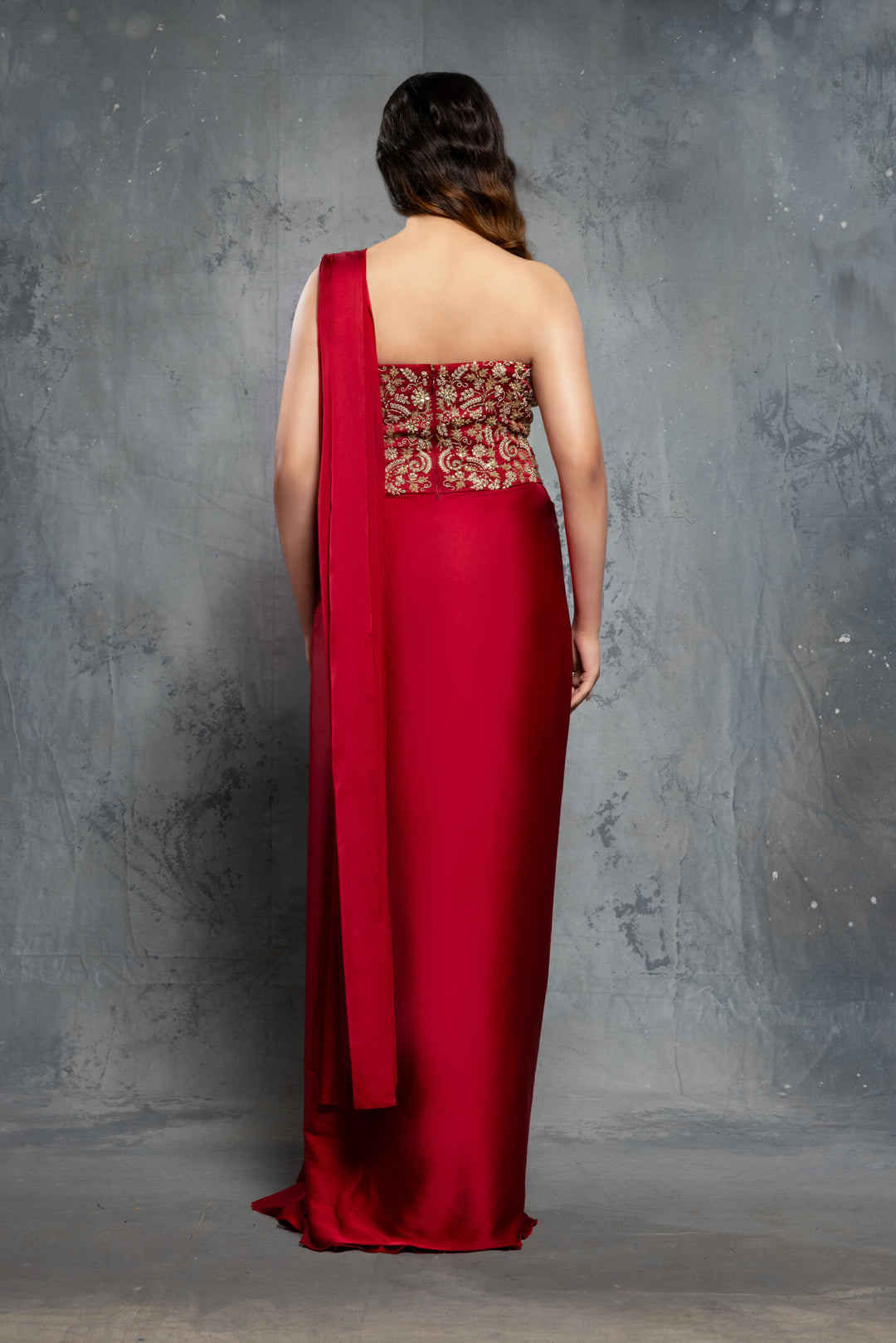 Crimson Red Charmuse Embellished Satin Saree Gown