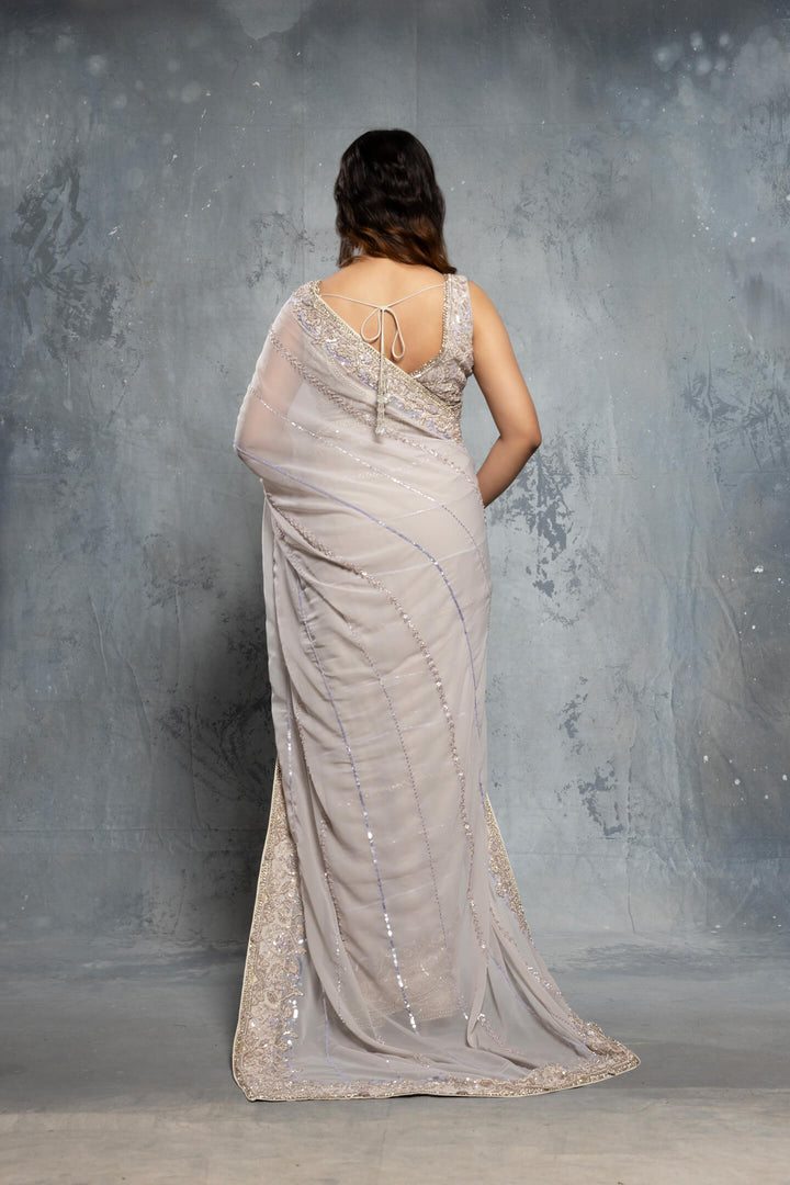 DOVE GREY GEORGETTE EMBELLISHED SAREE SET