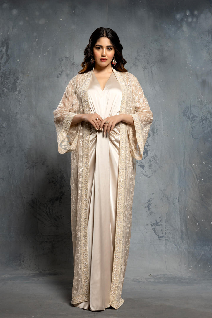 Ecru Threadwork Embroidery Jacket Draped Satin Gown