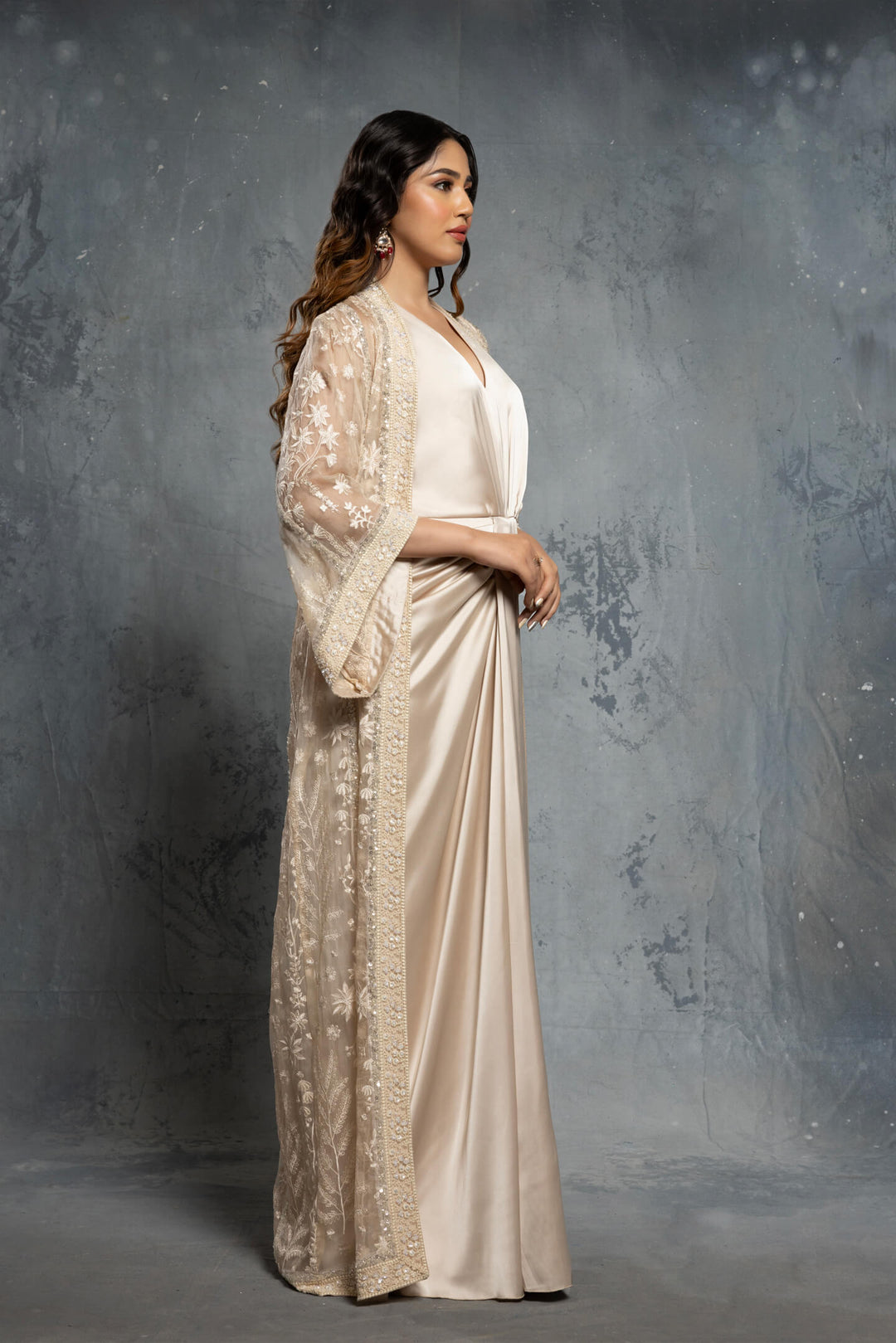 Ecru Threadwork Embroidery Jacket Draped Satin Gown