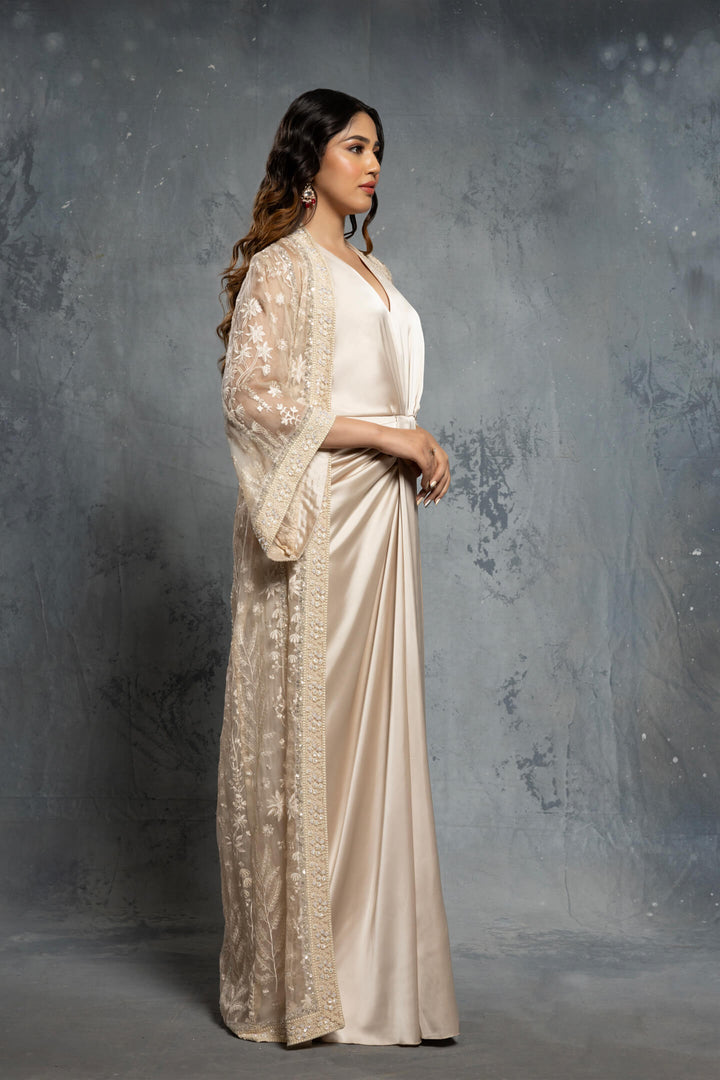 Ecru Threadwork Embroidery Jacket Draped Satin Gown