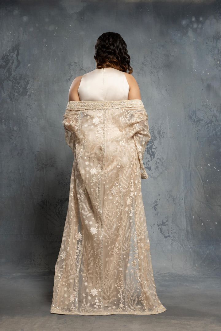 Ecru Threadwork Embroidery Jacket Draped Satin Gown