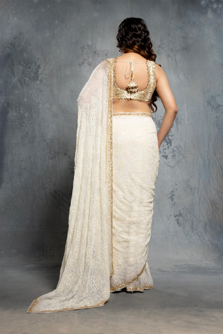 Ecru and Gold Sequin Saree Set