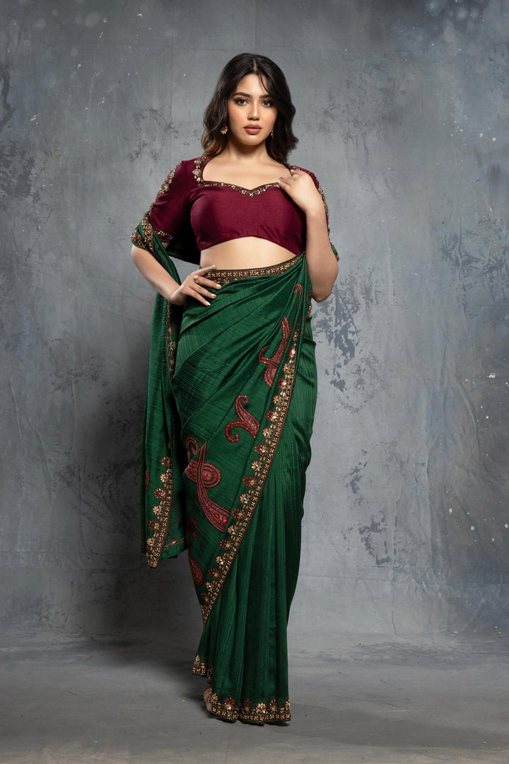 Forest green Tussar Silk Embroidered Saree Set