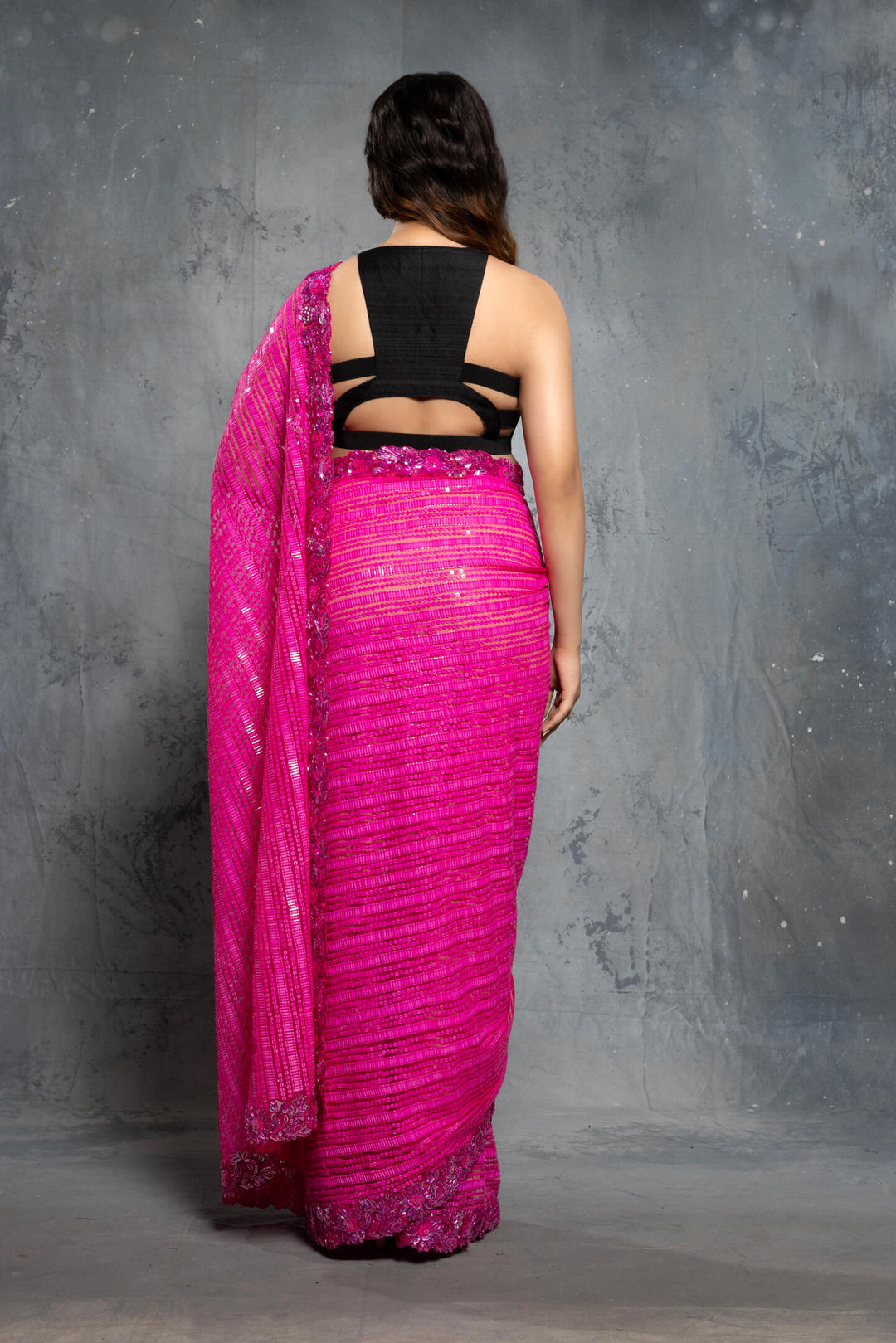 Hot Pink Georgette Embellished  Saree Set