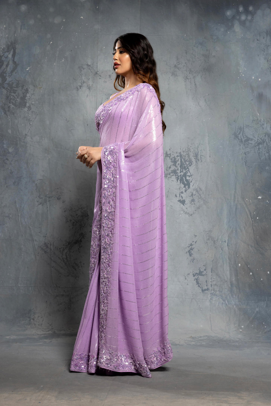 Lilac Georgette Embellished Saree Set