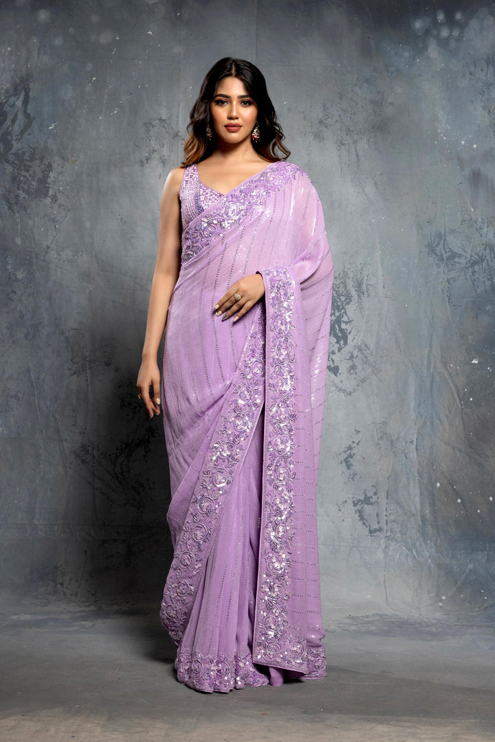 Lilac Georgette Embellished Saree Set