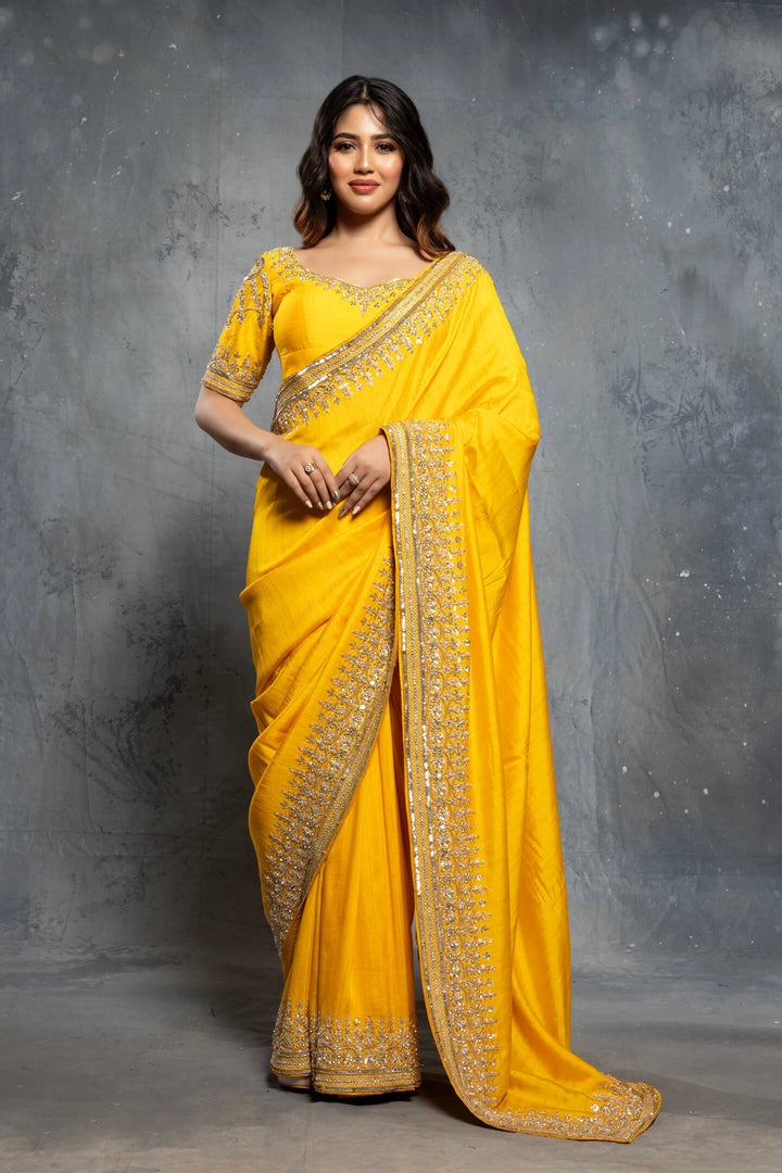 Mustard Yellow Tussar Silk Embellished Saree Set