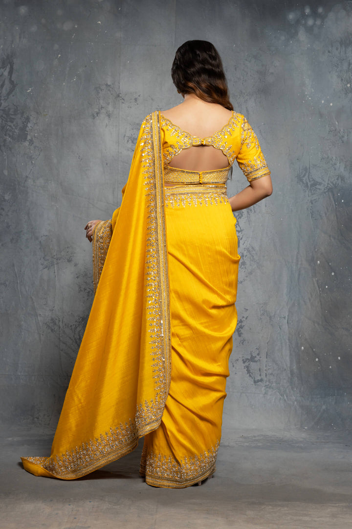 Mustard Yellow Tussar Silk Embellished Saree Set