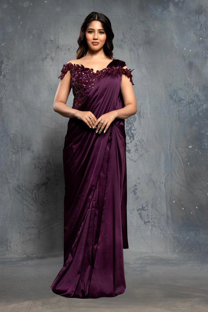 Potent Purple Charmuse Embellished Satin Saree Gown