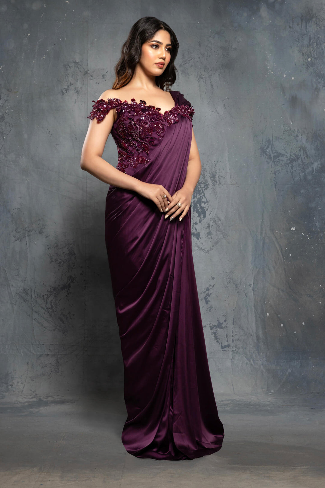 Potent Purple Charmuse Embellished Satin Saree Gown