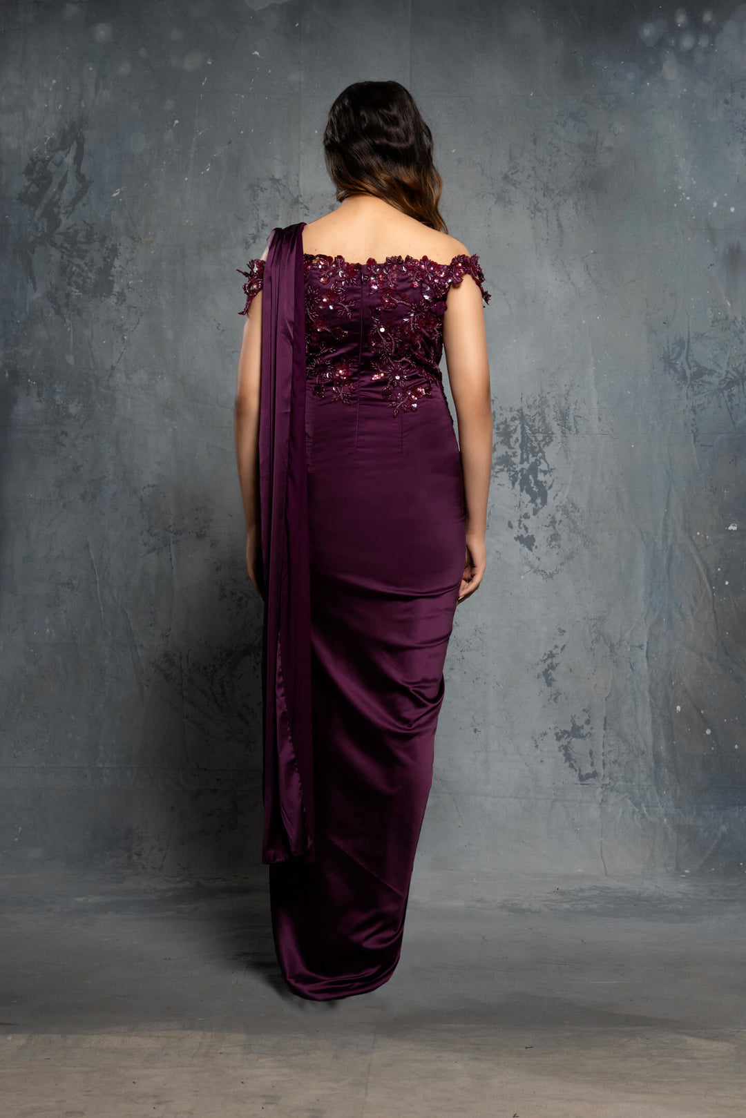 Potent Purple Charmuse Embellished Satin Saree Gown