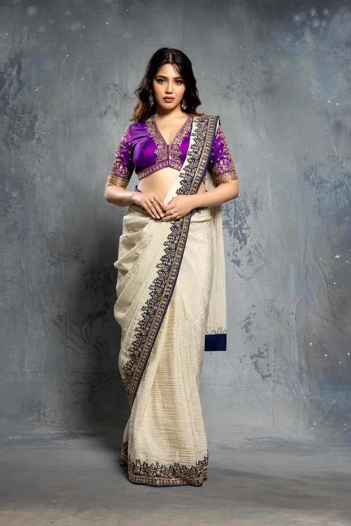 Vanilla Textured Tissue and Purple Silk Embellished Saree Set