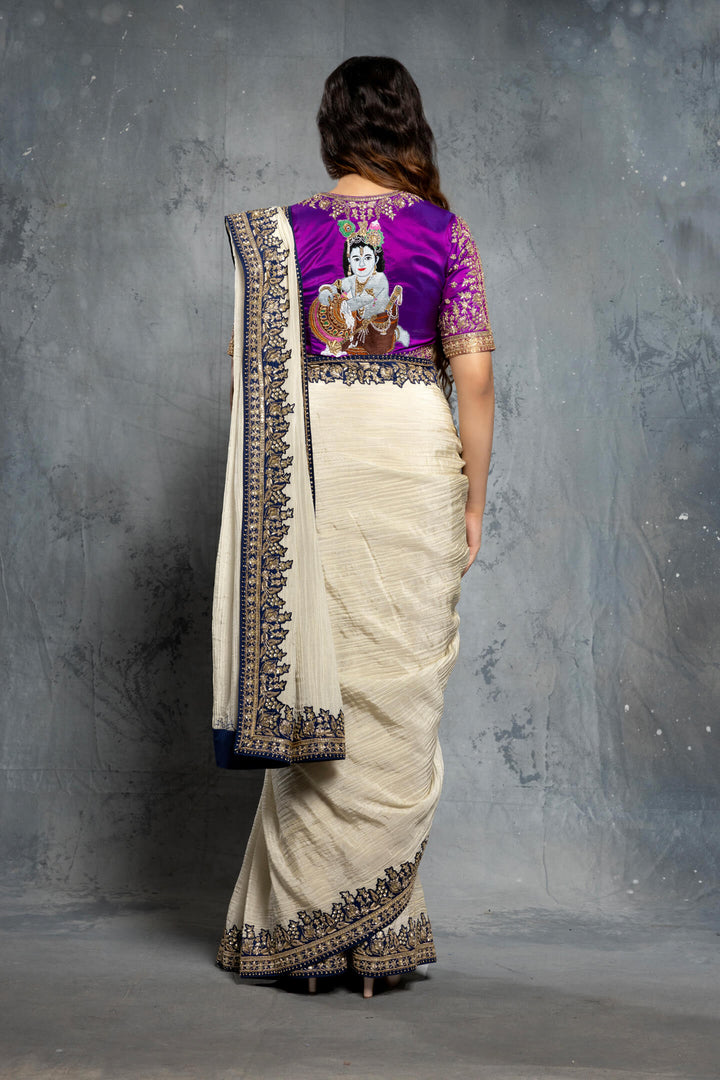 Vanilla Textured Tissue and Purple Silk Embellished Saree Set